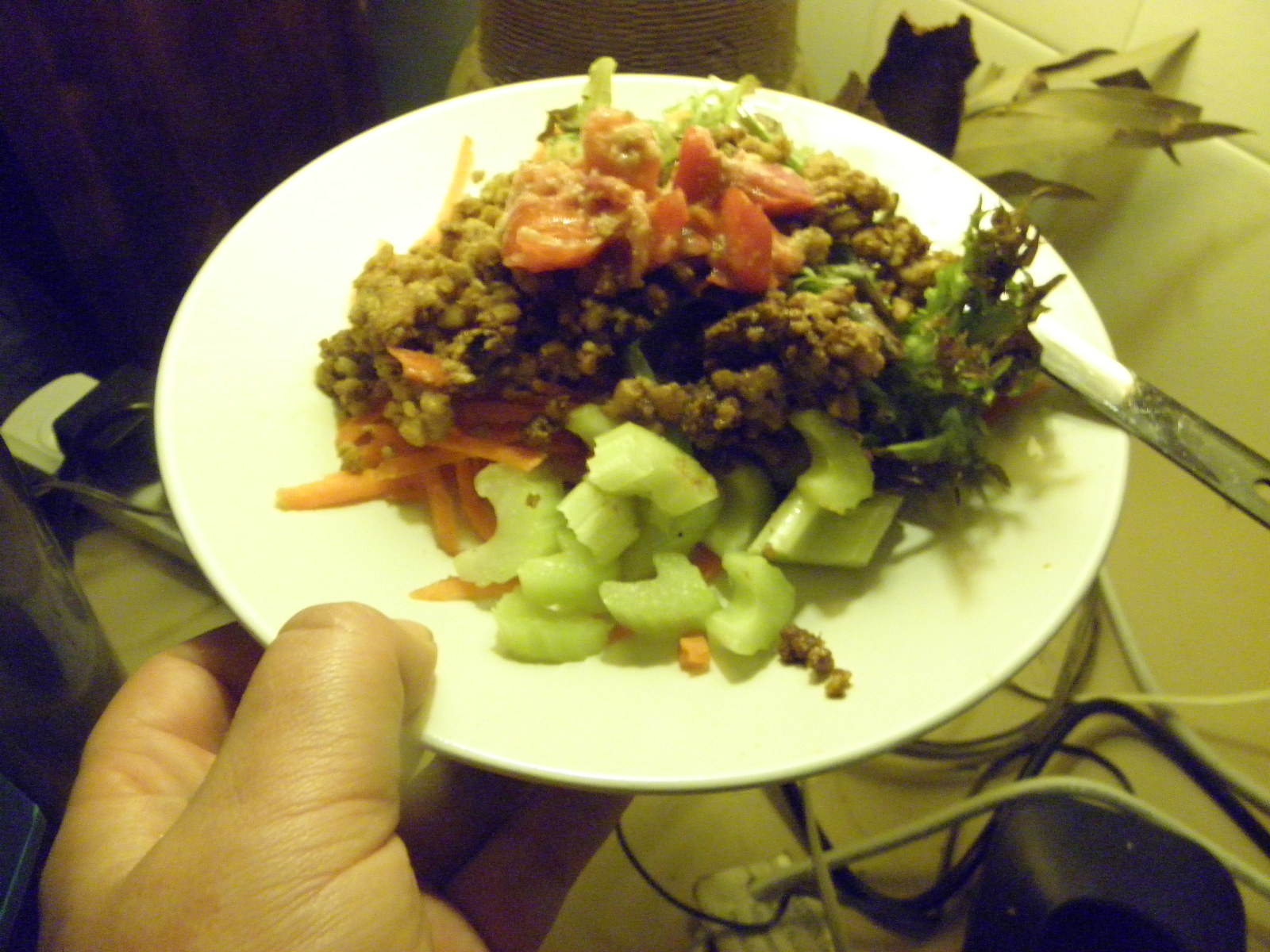 walnut, celery, carrot, tomato salsa on a plate