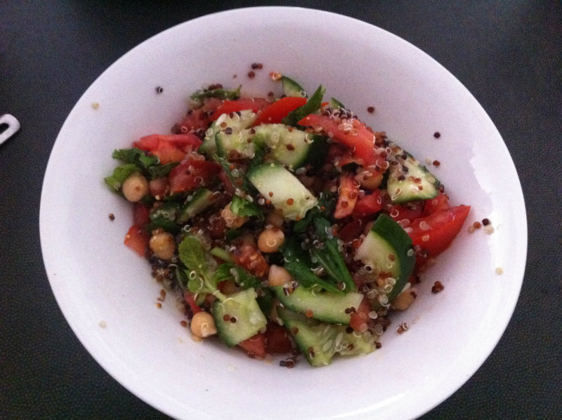 quinoa, chickpeas, mint, tomato, cucumber, lemon juice, mustard dressing