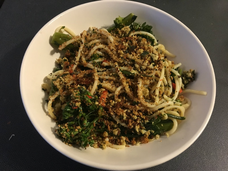 Broccolini and chilli pasta, vegetarian food, calorie controlled food