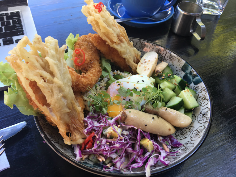 tempura enoki, oat crusted chicken, egg, rice, slaw, salad, breakfast thieves lunch fitzroy