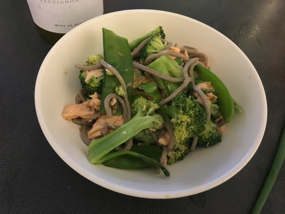 steamed salmon, orange and ginger glaze, soba and greens