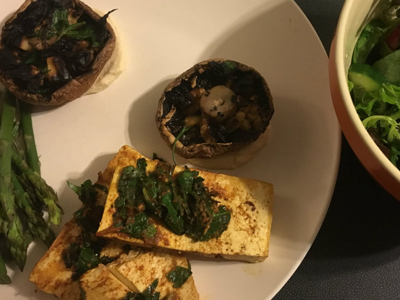 mushrooms, tofu, asparagus and leaf salad