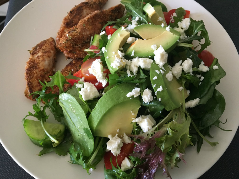 polenta crusted chicken with avocado salad - csiro low-carb diet book