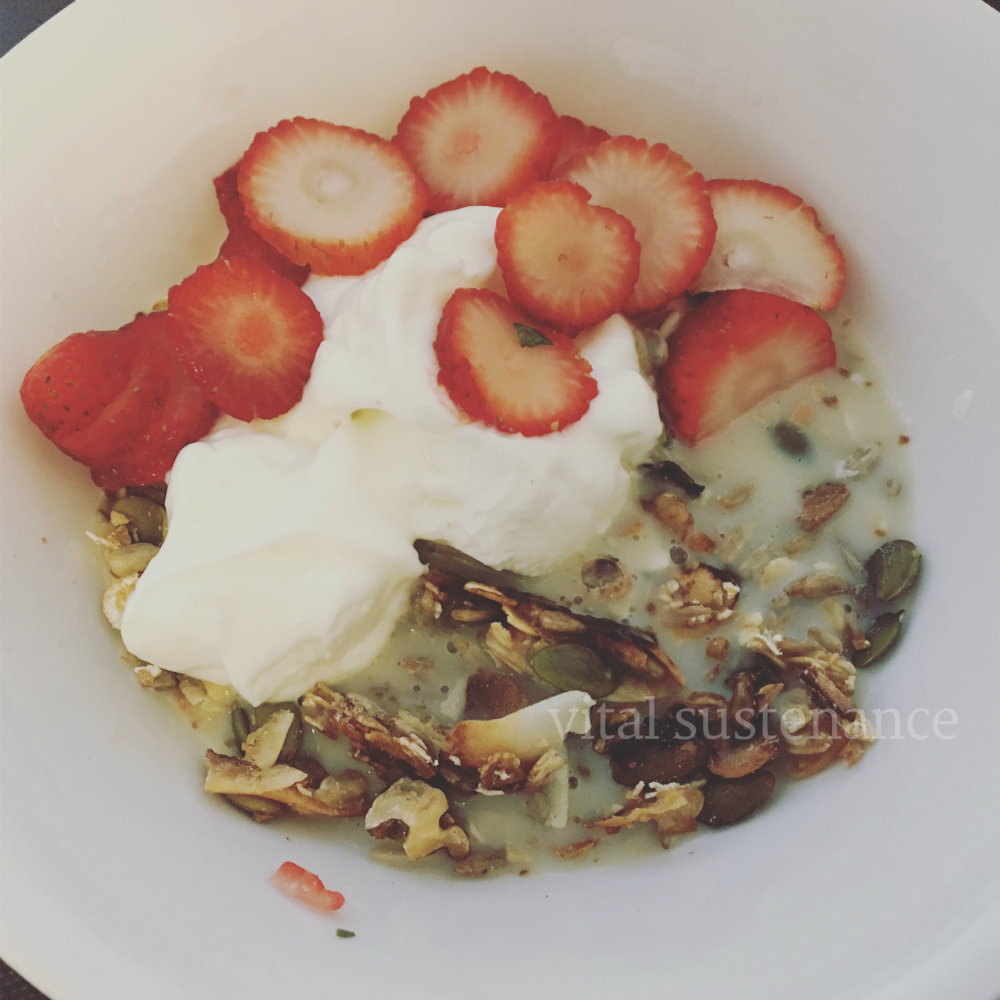 high protein breakfast cereal and beautiful berries and yoghurt