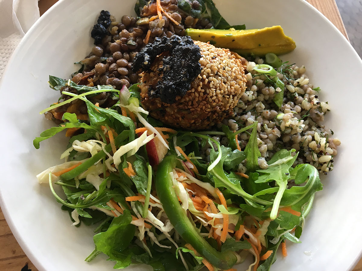 tofu ginger ball and black sesame sauce, roquet carrot, cabbage with nectarine dressing, buckwheat, quinoa, brown rice spring onion dill, lentil, roast pumpkin kale seasonal lunch bowl friends of the earth collingwood