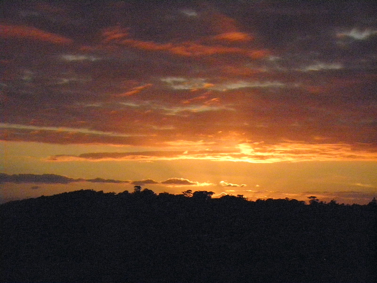 clouds and orange sun over forested hills on the coast - CST power for reliable energy generation