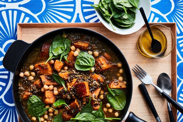 winter meal plans - vegan lentil, sweet potato and chickpea stew