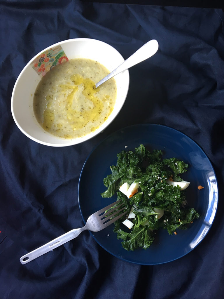 healthy winter meal plans - lunch - stilton soup and kale ceasar salad