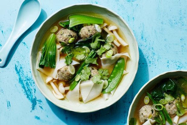 mushroom and zucchini meatball soup with wontons