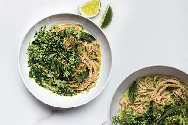 swiss chard green curry with brown rice noodles