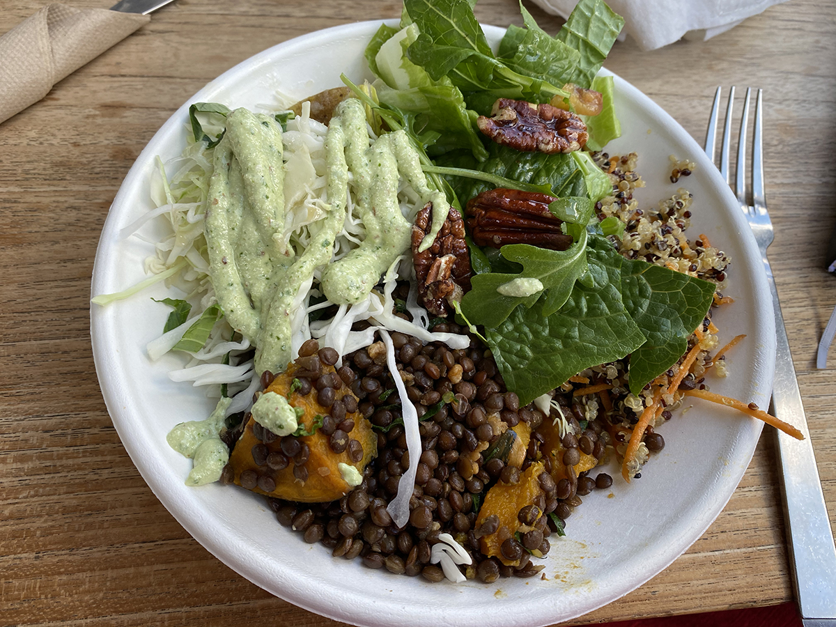 how much calcium in vegan diet - dairy free calcium rich foods- friends of the earth lunch plate with lentils, pecans and salad