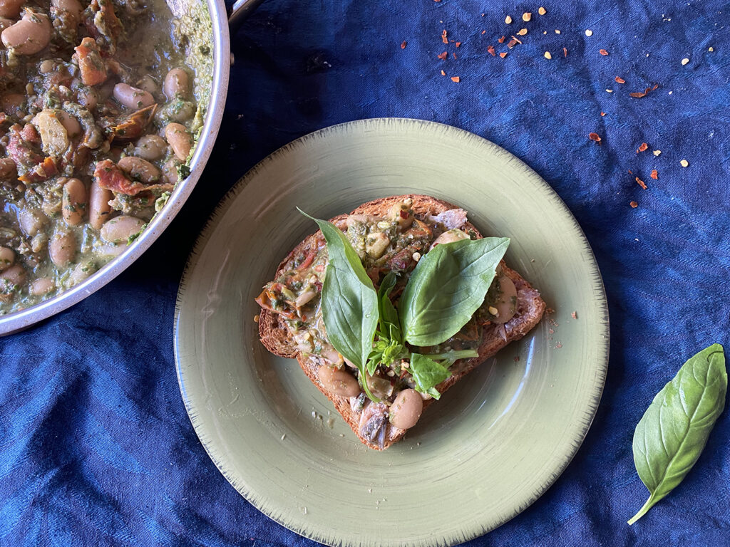 sardines on toast with pesto beans