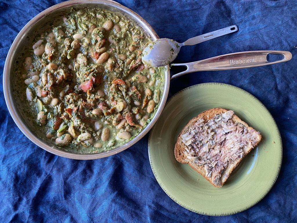 sardines on toast with pesto beans