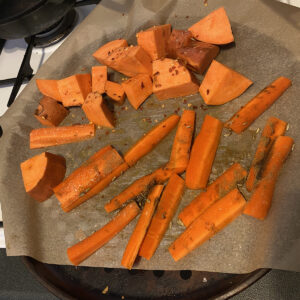 roasted sweet pumpkin and carrots for rice balls and salad - nutrition essentials for mental health