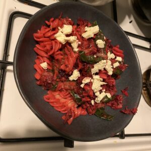 beetroot and feta pasta with silverbeet and creme fraiche