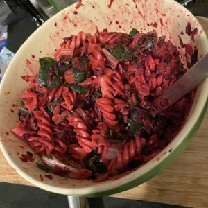 roasted beetroot, silverbeet and feta pasta with creme fraiche