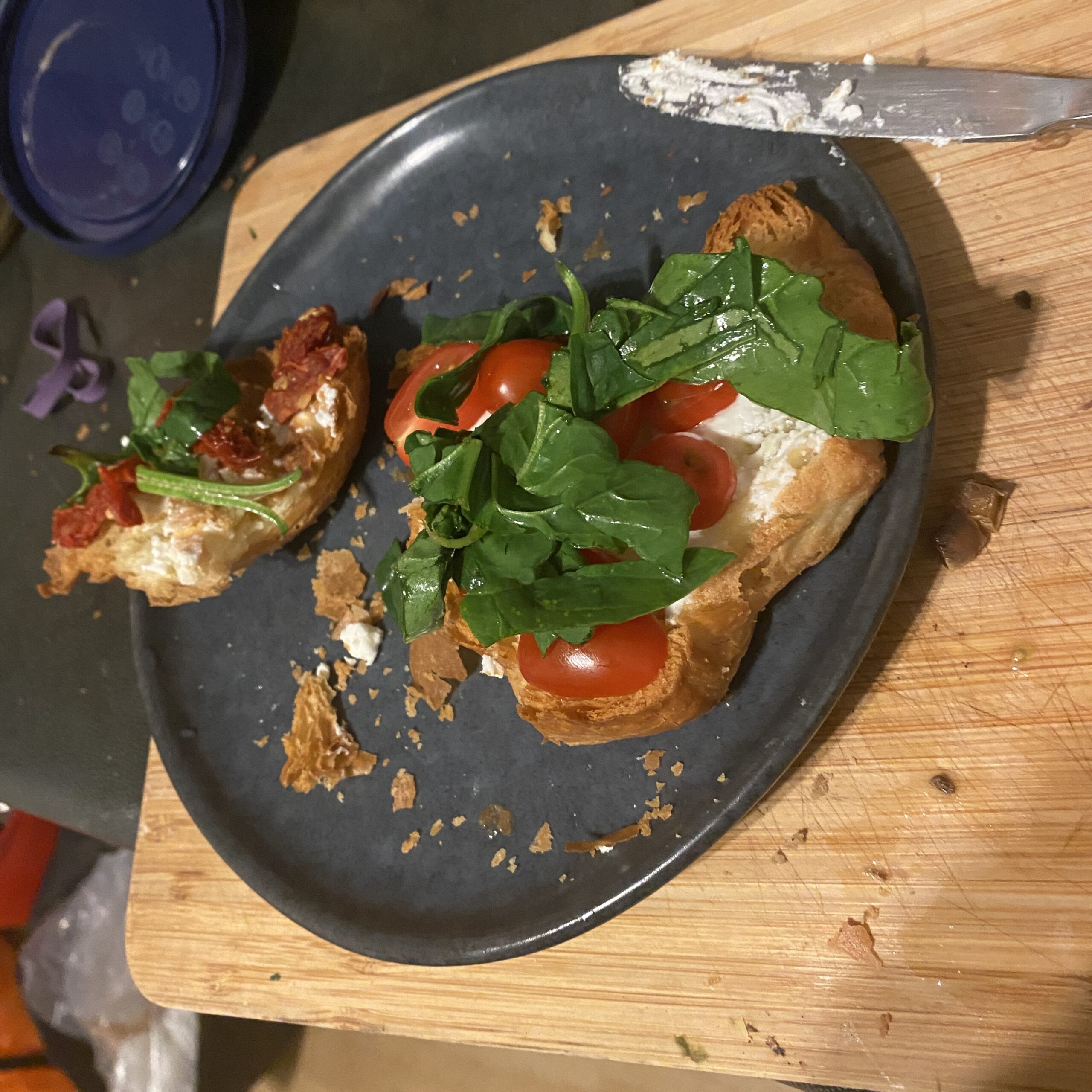 tomato, goats cheese, spinach on toast
