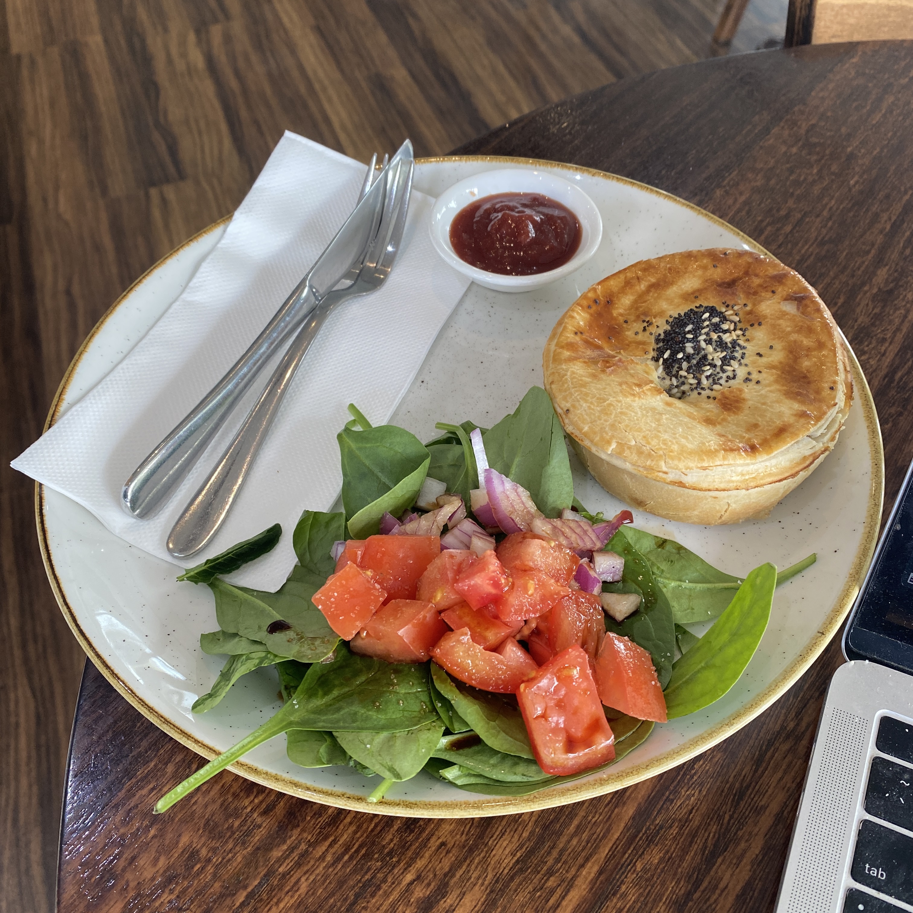 leek and mushroom pie with salad and sauce