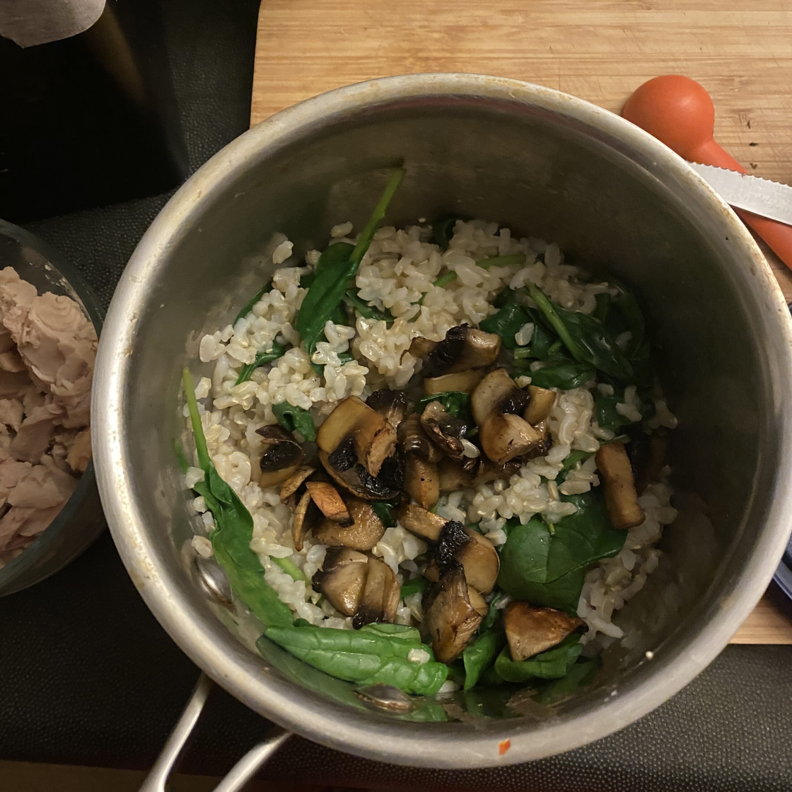 mushroom spinach and rice for tuna mornay variation