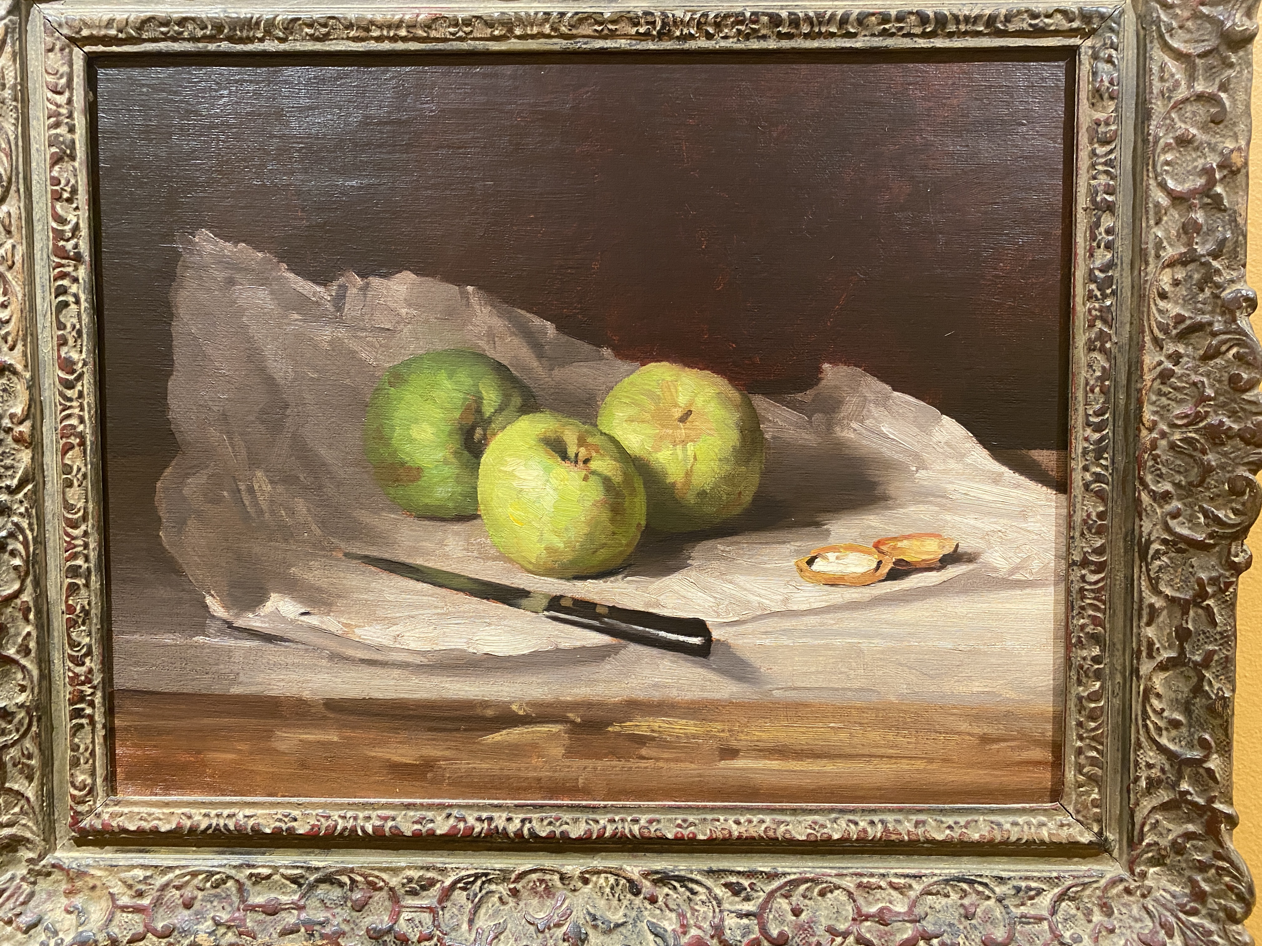 still life tonalism painting - apples and knife