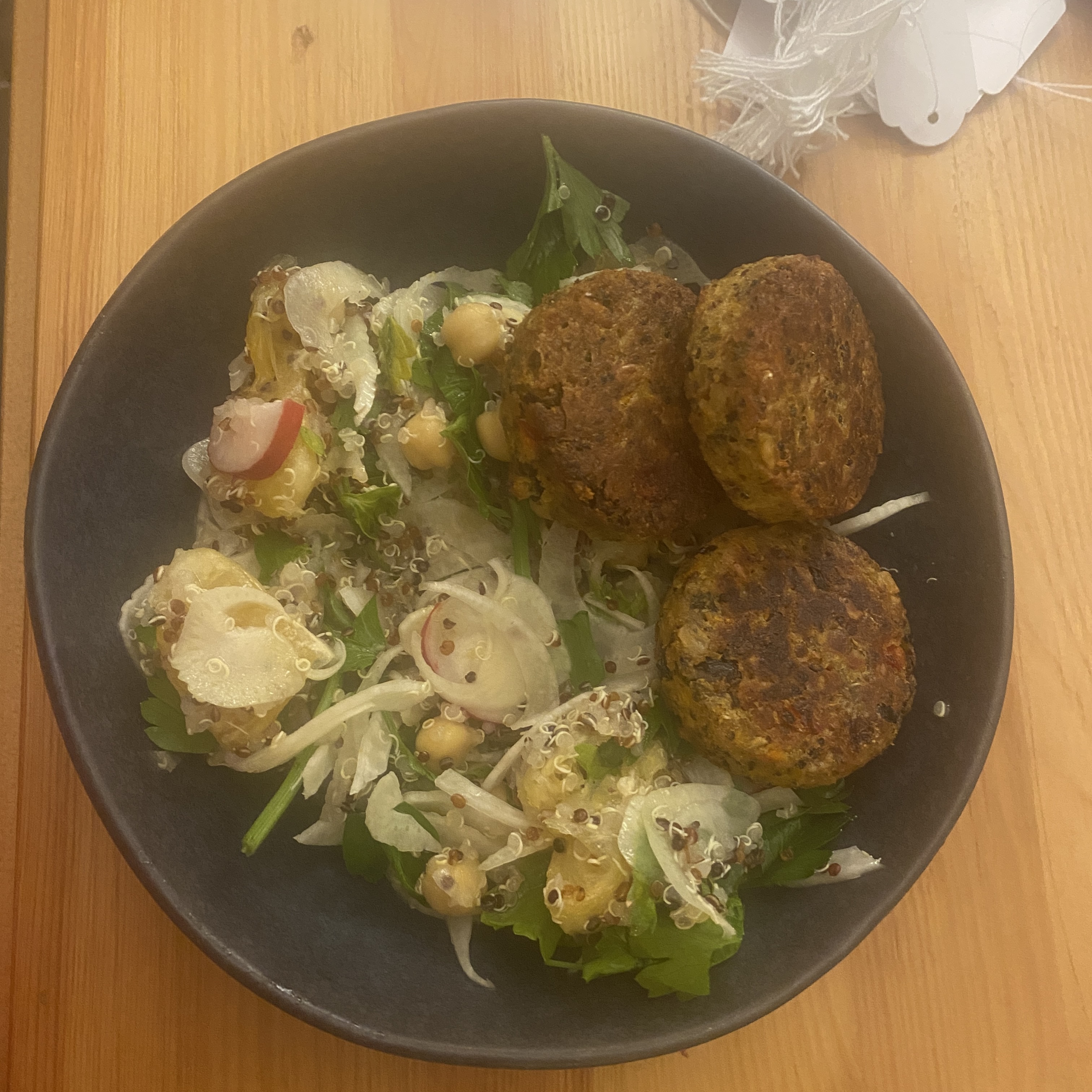 chickpea and lentil bites with fennel, orange, quinoa and chickpea salad - plant protein taste sensation!!