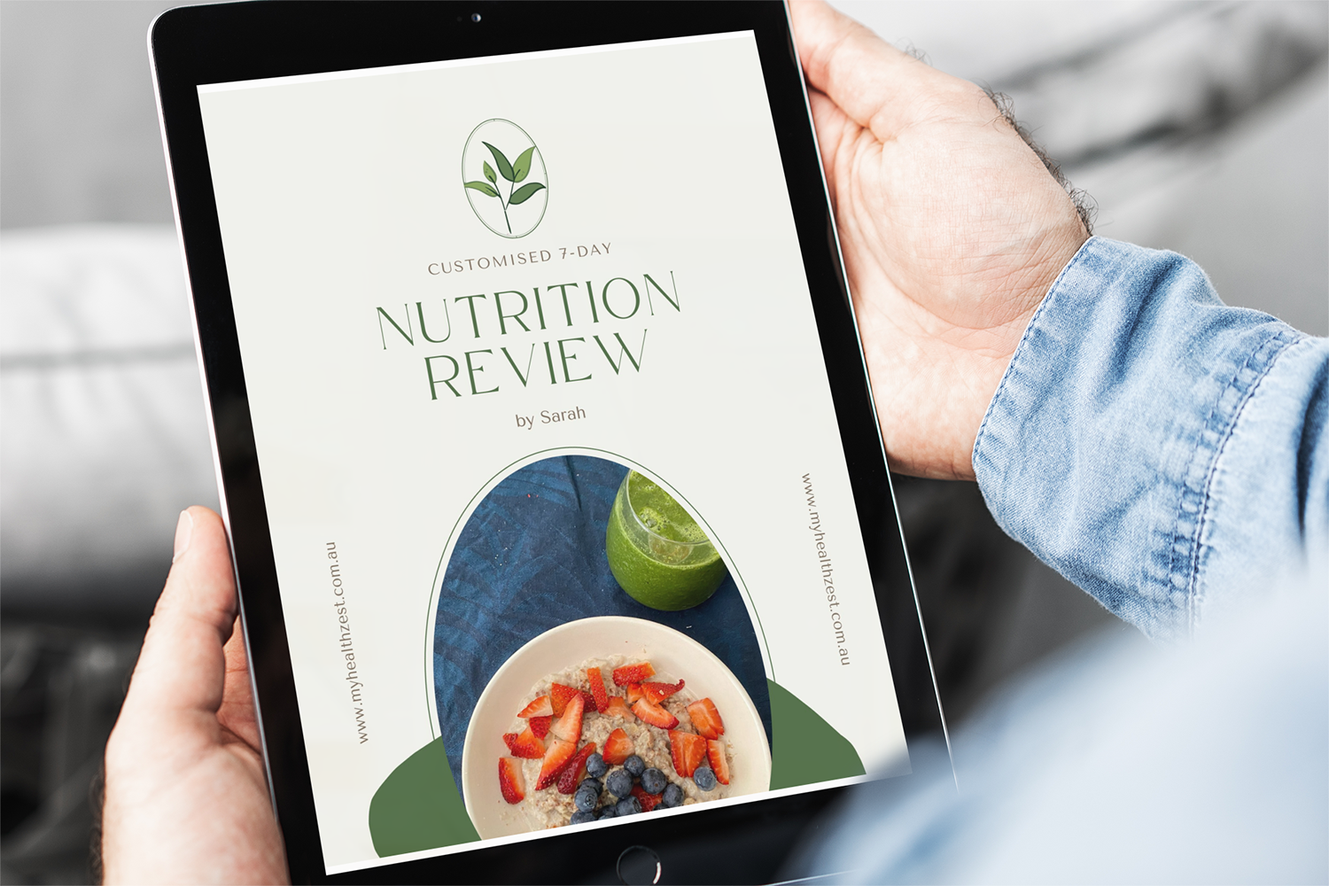 man holding 7-day nutrition review report on an ipad