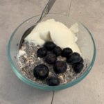 chia puddling with greek yoghurt, blueberries - breakfast high in protein, calcium and fibre