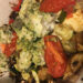 roasted vegetables and pesto crusted white fish fillet